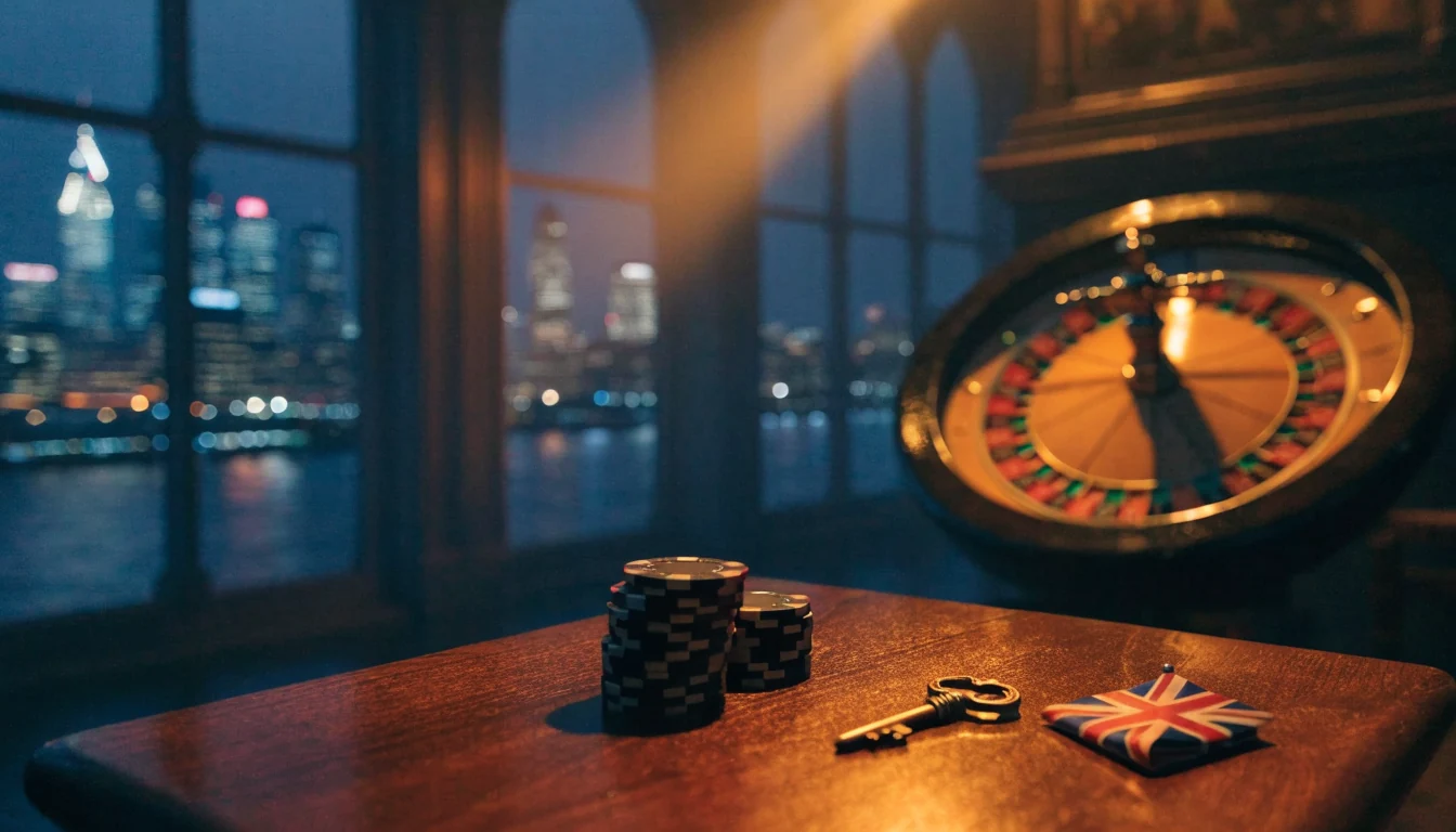 Stylish gaming lounge with roulette wheel and distant London skyline