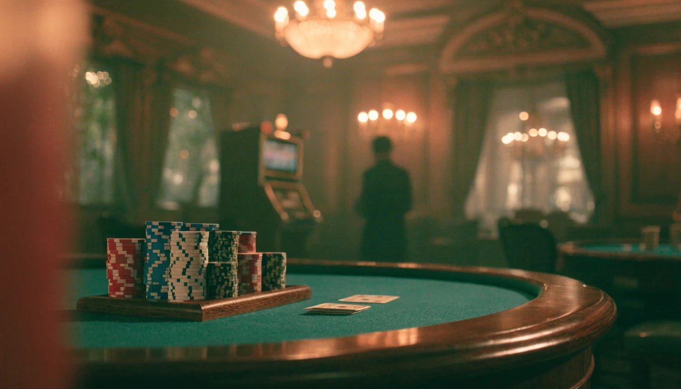 Illustration of a luxurious London casino lounge with chips and slot cabinet.