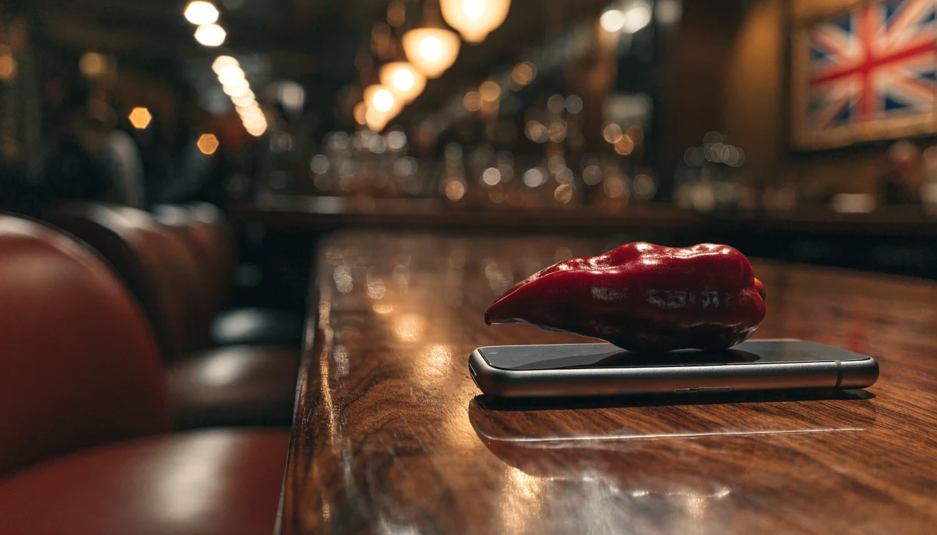 Habanero pepper beside smartphone in a British lounge