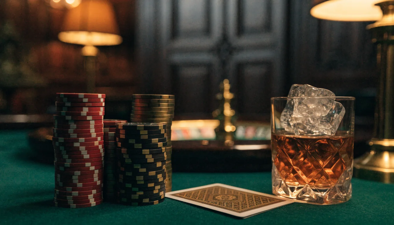 Luxurious high-roller casino table with stacked chips, whisky and roulette wheel