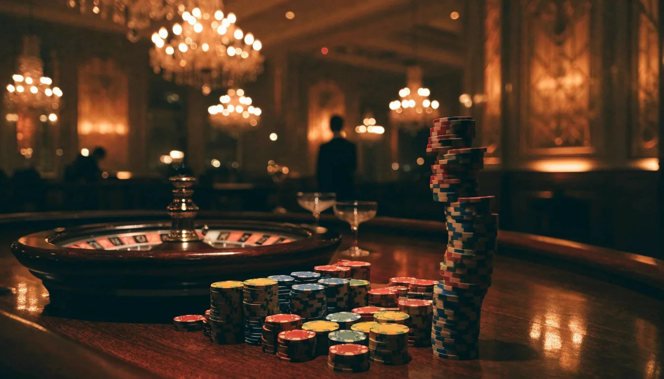 Dramatic London casino interior with roulette wheel and teetering stack of chips