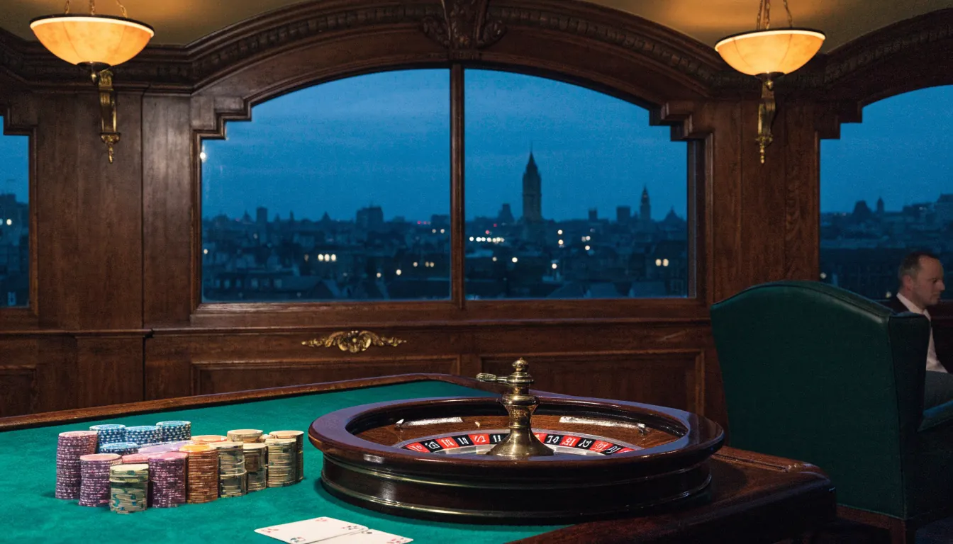 Elegant British casino lounge with roulette wheel, chips and London skyline at twilight.