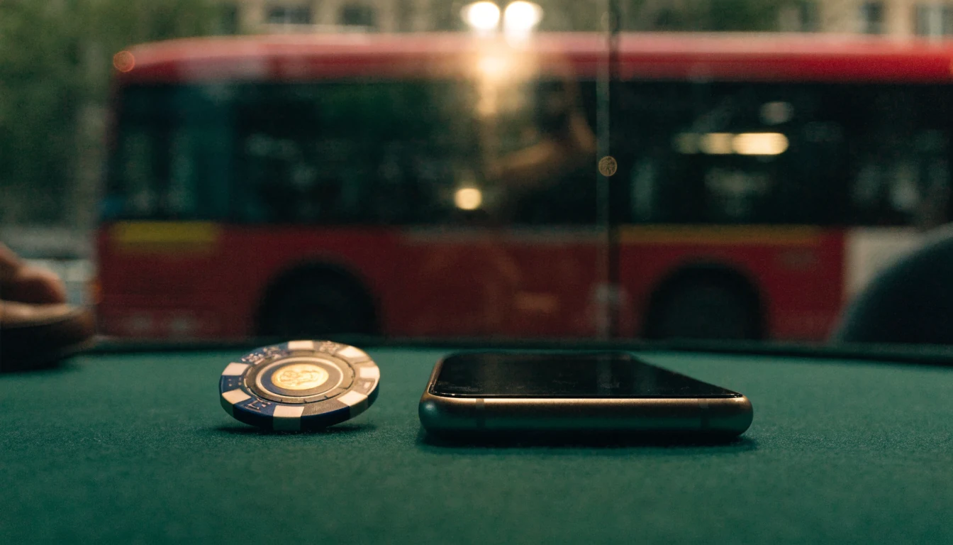 Casino chip and turned-over phone on felt with blurred London bus