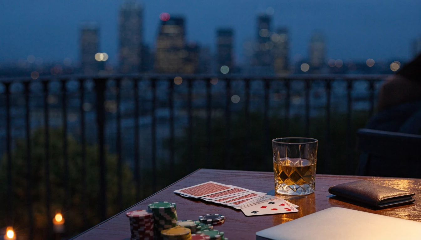 Evening London rooftop with casino chips, cards, whiskey, and a closed laptop