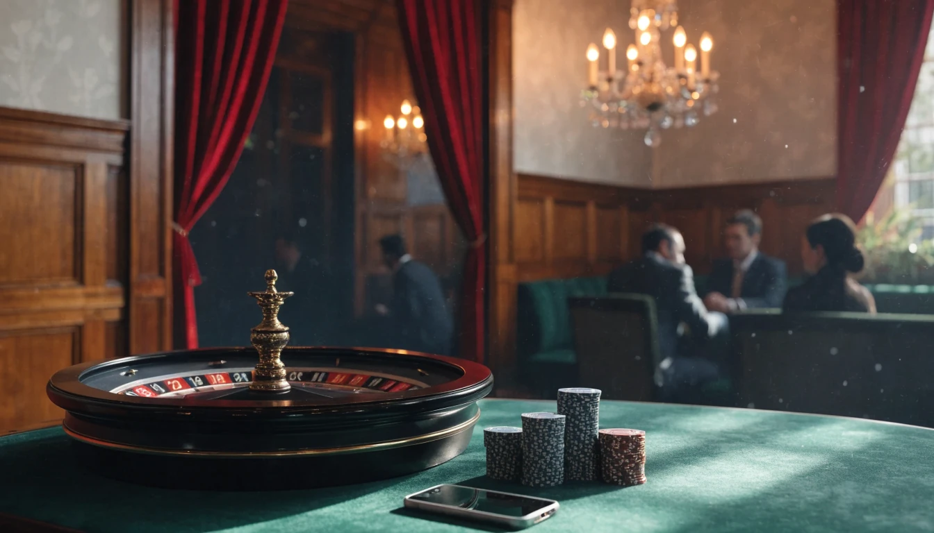 Illustration of a classic British casino lounge with roulette wheel and chips on a green table.