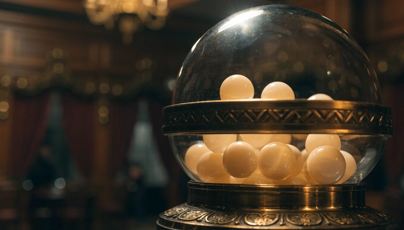 Keno ball draw drum on a mahogany casino table with warm amber lighting