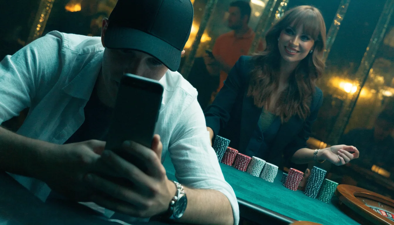 Live dealer at a UK casino studio table with a player using a smartphone