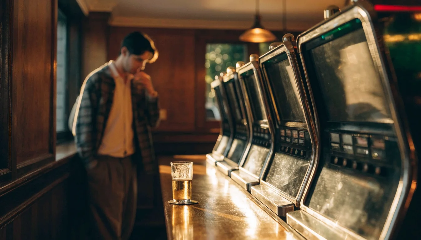 British pub interior with a row of slot machines glowing softly in warm amber light