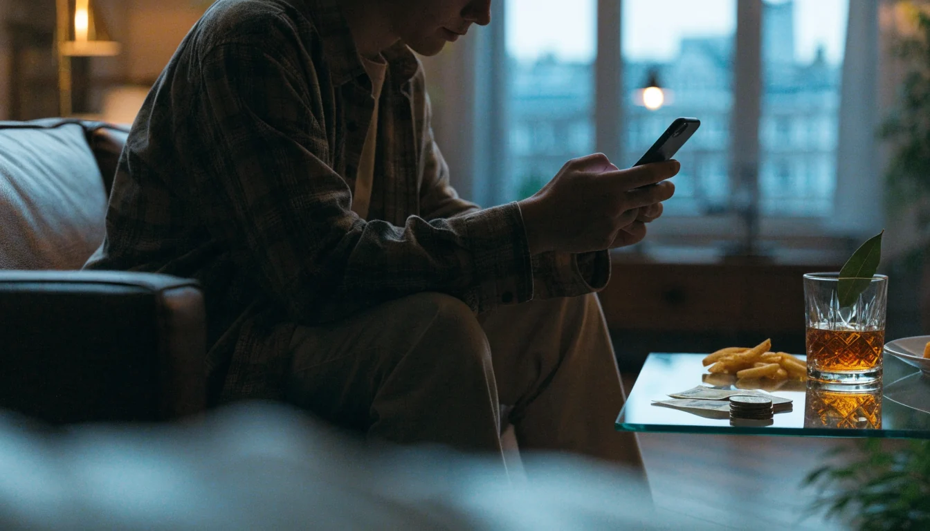 Person with smartphone, British pounds, chips and whisky on a coffee table in a UK home