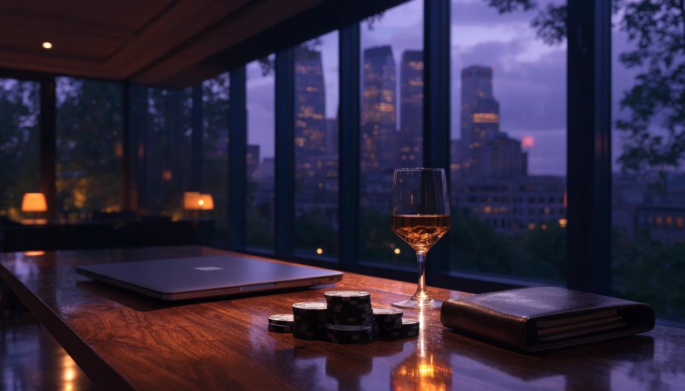 Stylish London apartment interior with casino chips and laptop at dusk