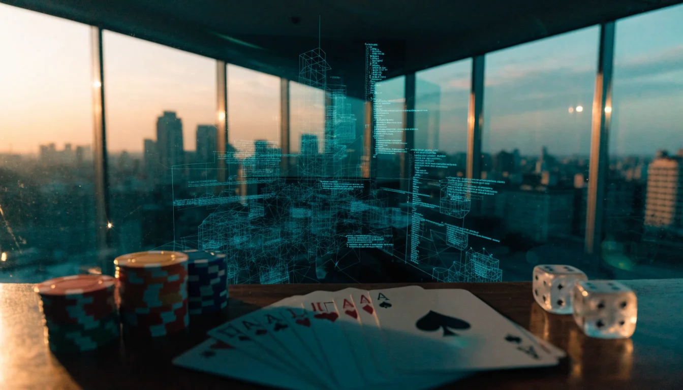 UK game studio workbench with casino items and London skyline through window at golden hour