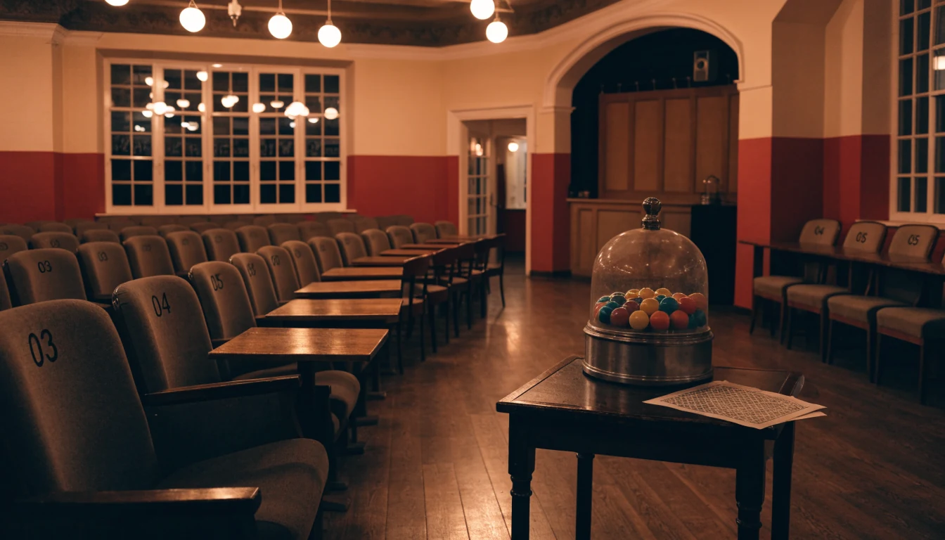 Empty traditional British bingo hall with a vintage bingo cage on the table.