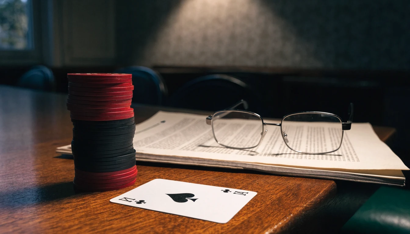 Casino chips, an ace card, and reading glasses on a contract