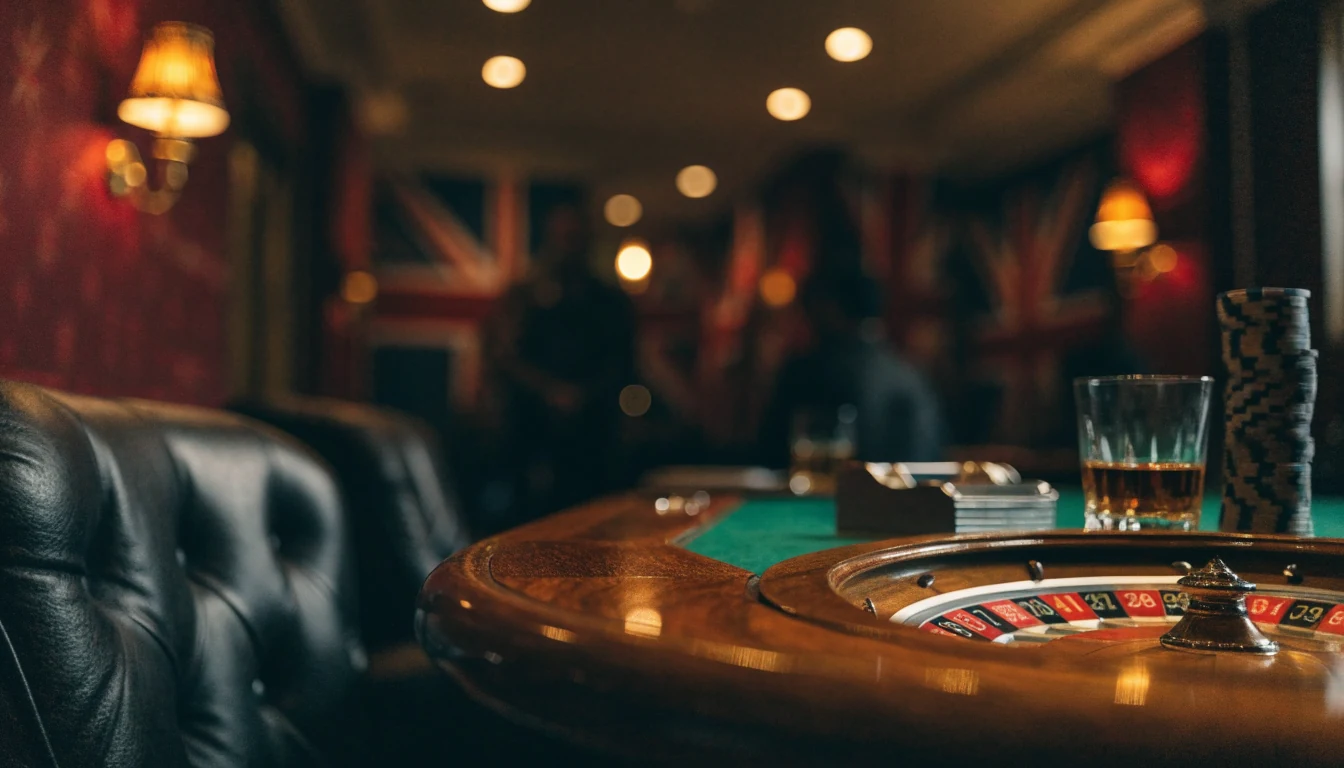 Elegant British casino lounge with roulette wheel, whisky glass, and chips on green felt table.