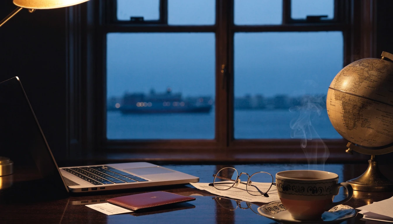 British desk at dusk with hidden laptop, passport and tea suggesting offshore access