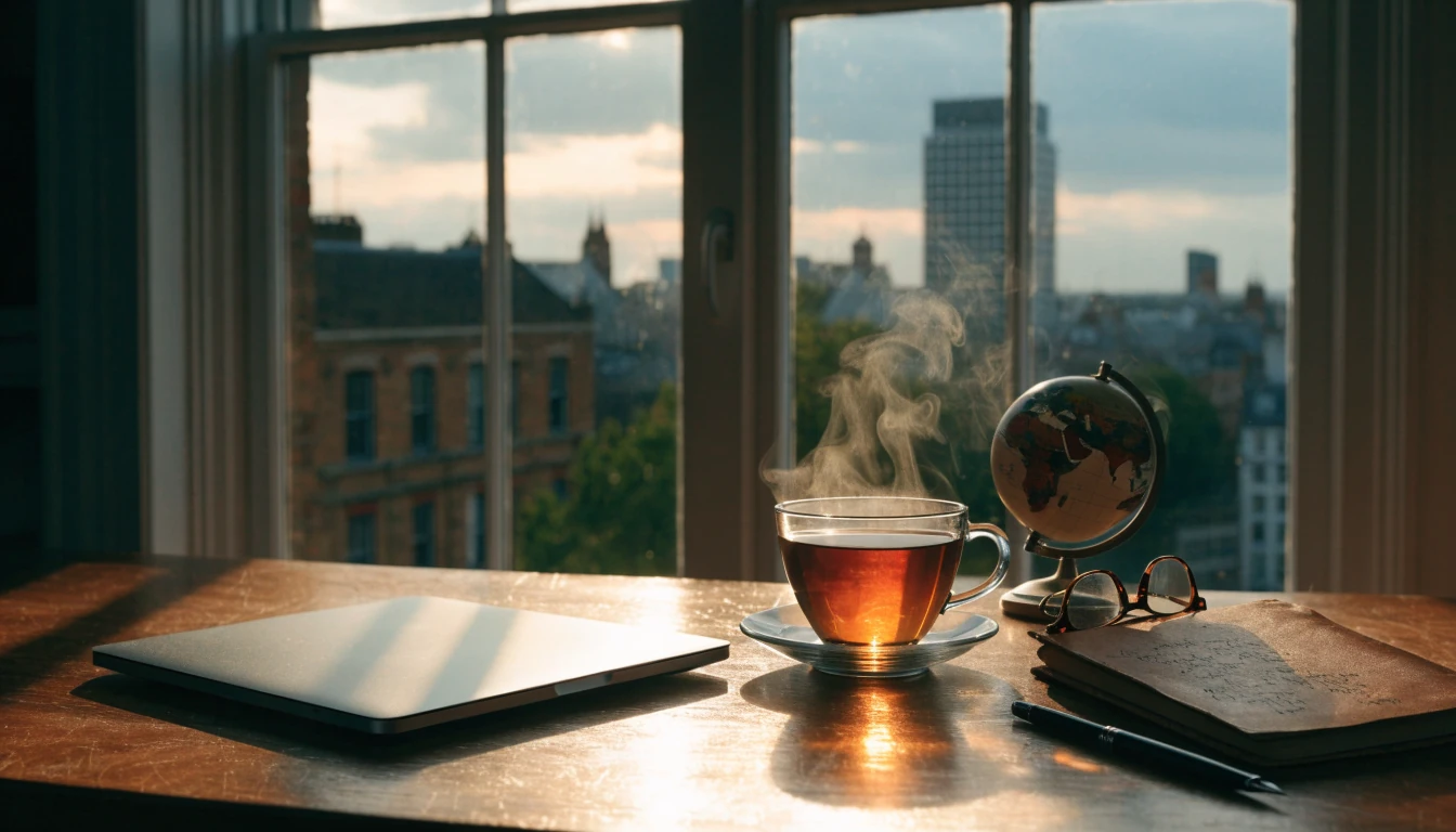 British desk with closed laptop, tea, globe, and London skyline through window