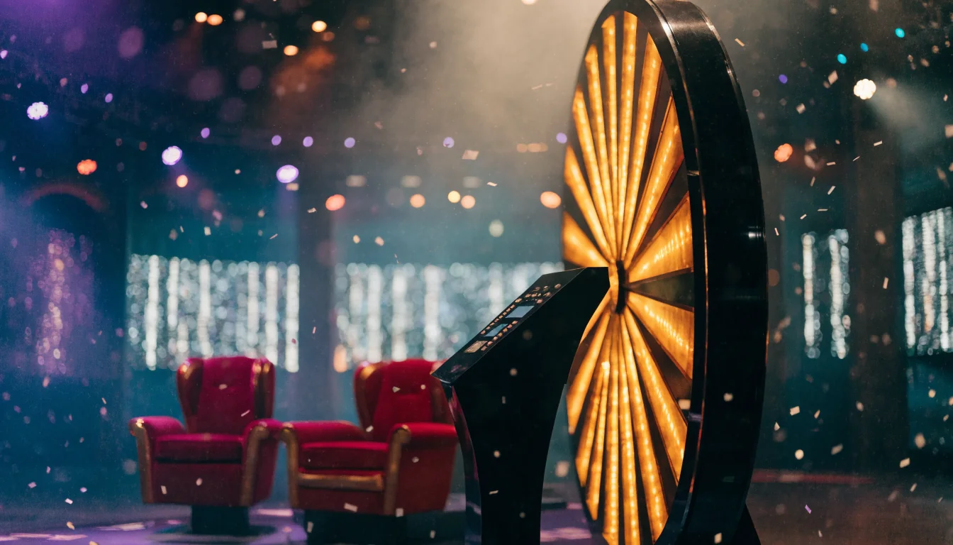 Studio-style casino game show set with a glowing prize wheel under theatrical lights