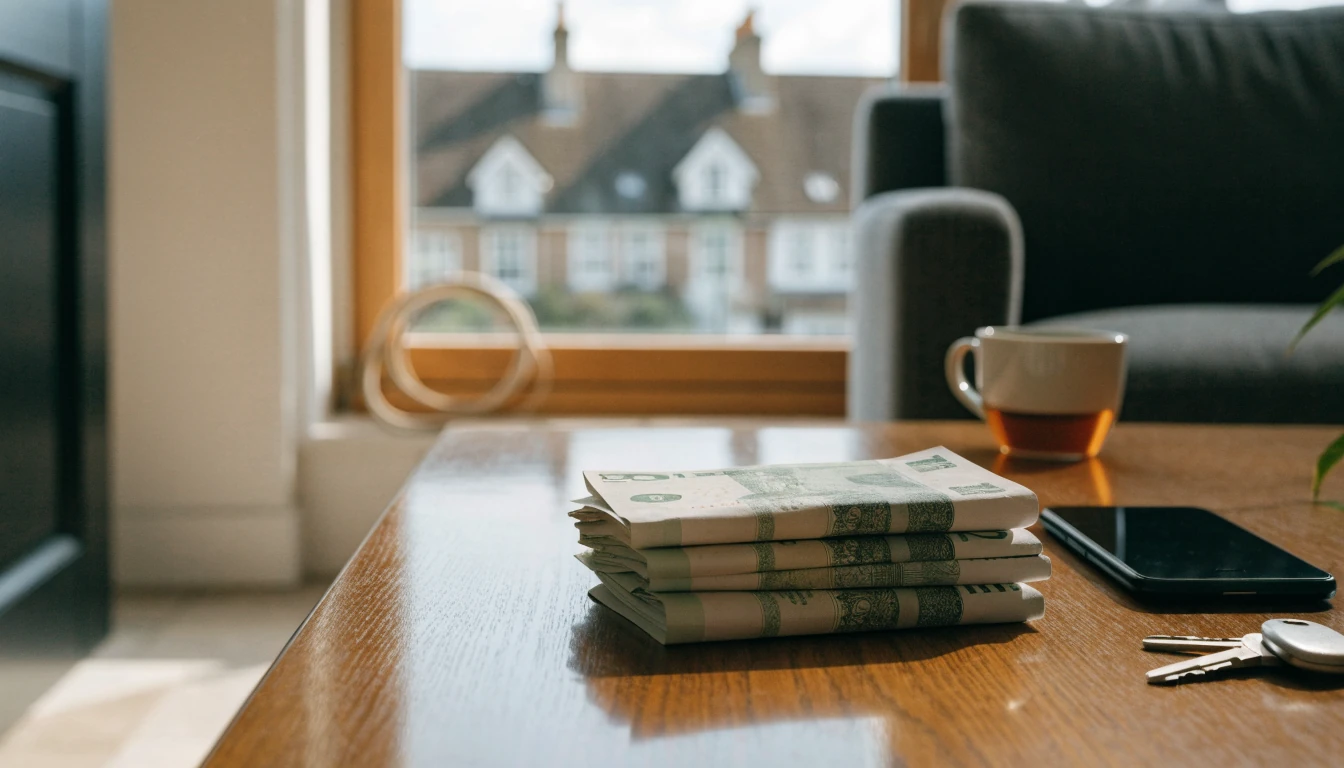 British pounds and a smartphone on a coffee table in a UK home