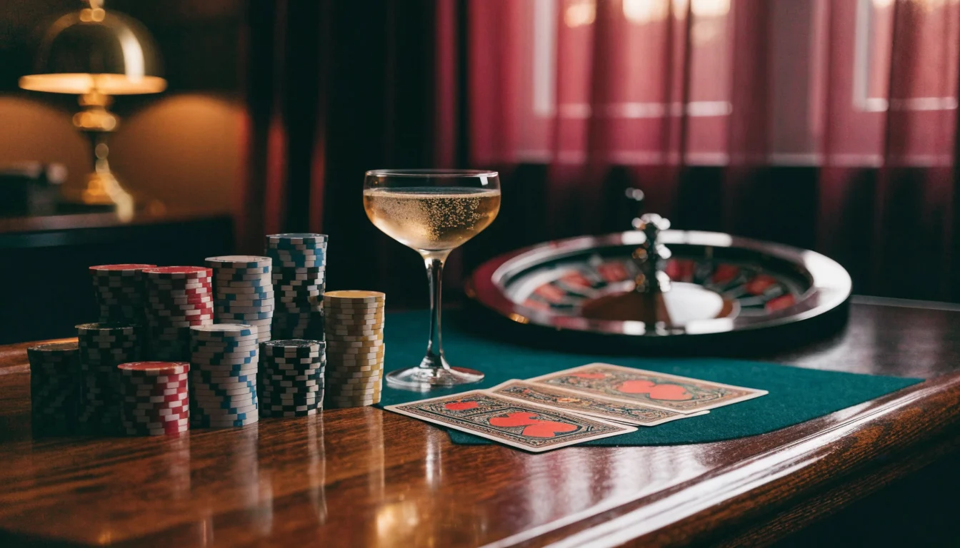 Elegant casino table with chips, cards, roulette wheel and champagne under warm golden light, British club setting.