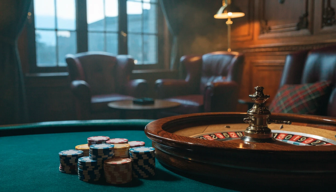 Elegant British casino lounge with green felt table, stacked chips and roulette wheel in warm golden light.