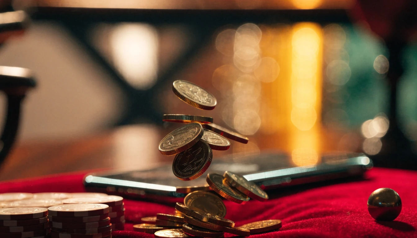 Gold coins and casino chips cascading on velvet with face-down smartphone, evoking a jackpot win