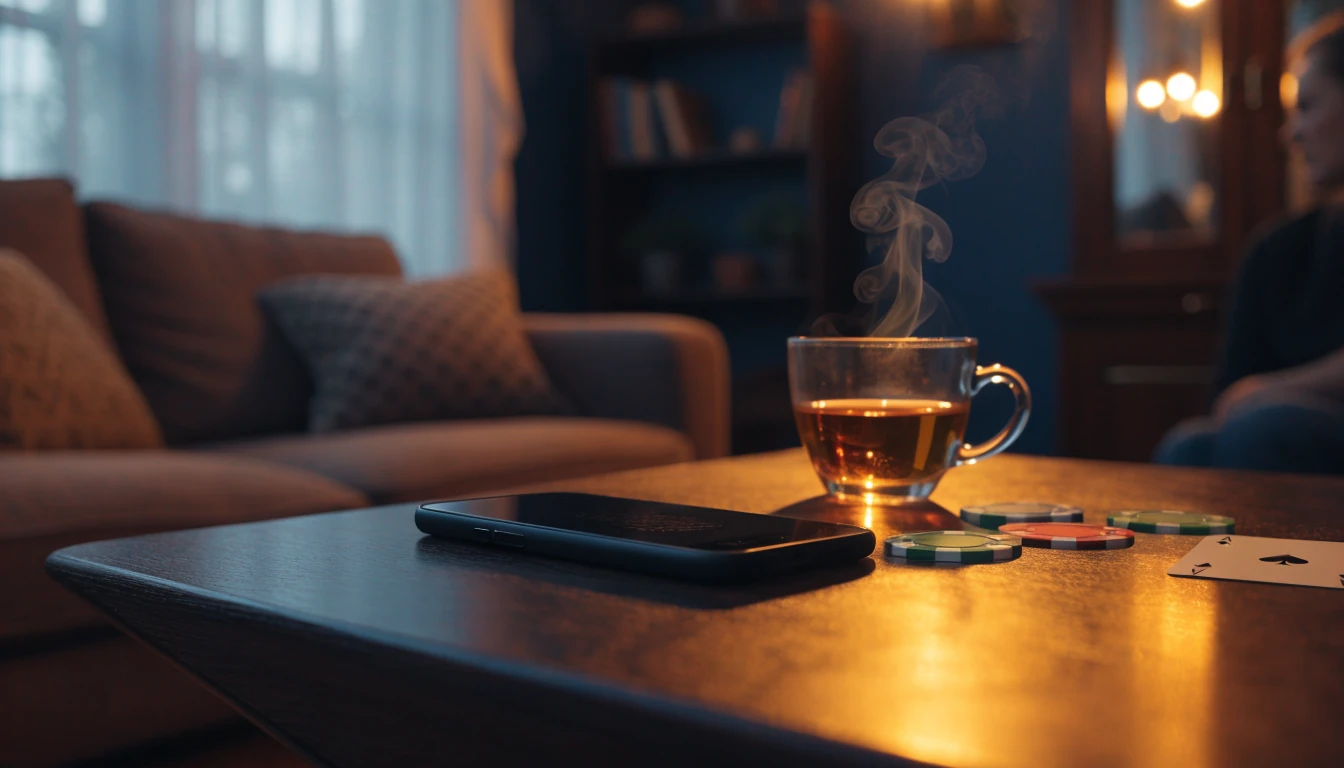 Casino chips and tea beside a smartphone on a table in a British home