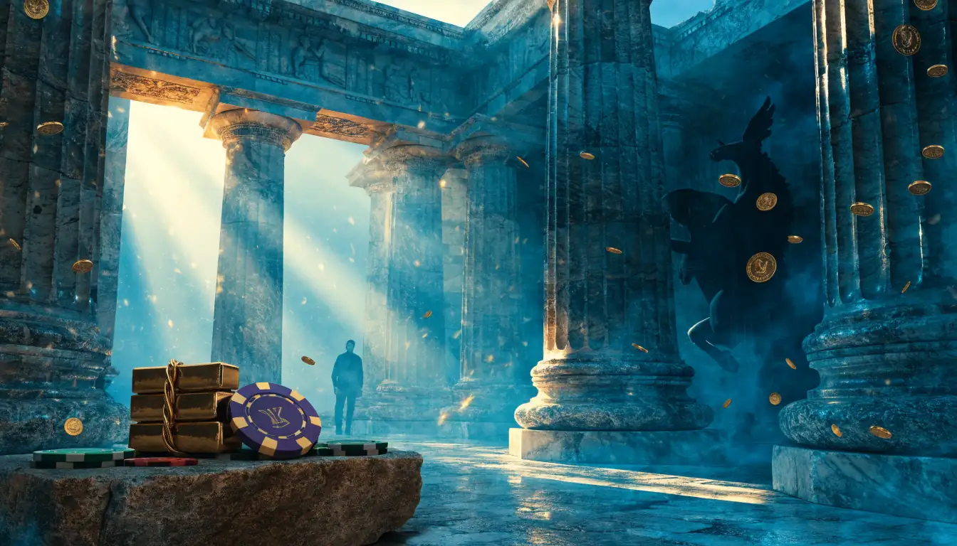 Mystical Greek temple interior with floating gold coins, ethereal Pegasus silhouette, and luxury casino chips on a marble pedestal