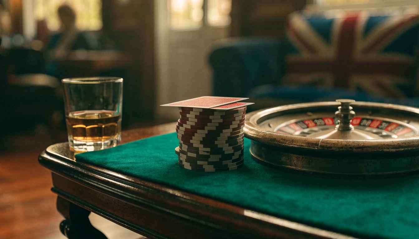 Casino chips, roulette wheel, and card on a wooden table in a warm London lounge setting.
