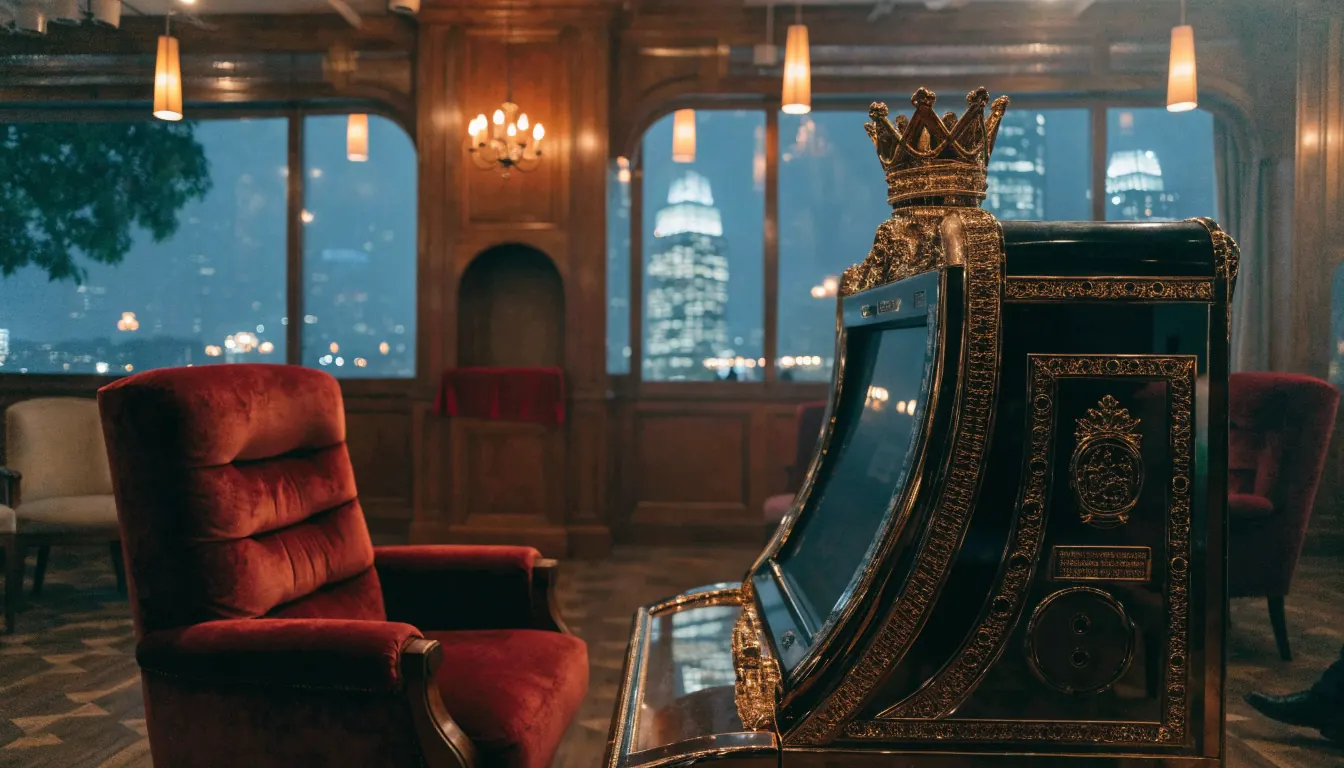 Ornate slot machine with crown decorations in an upscale London casino lounge