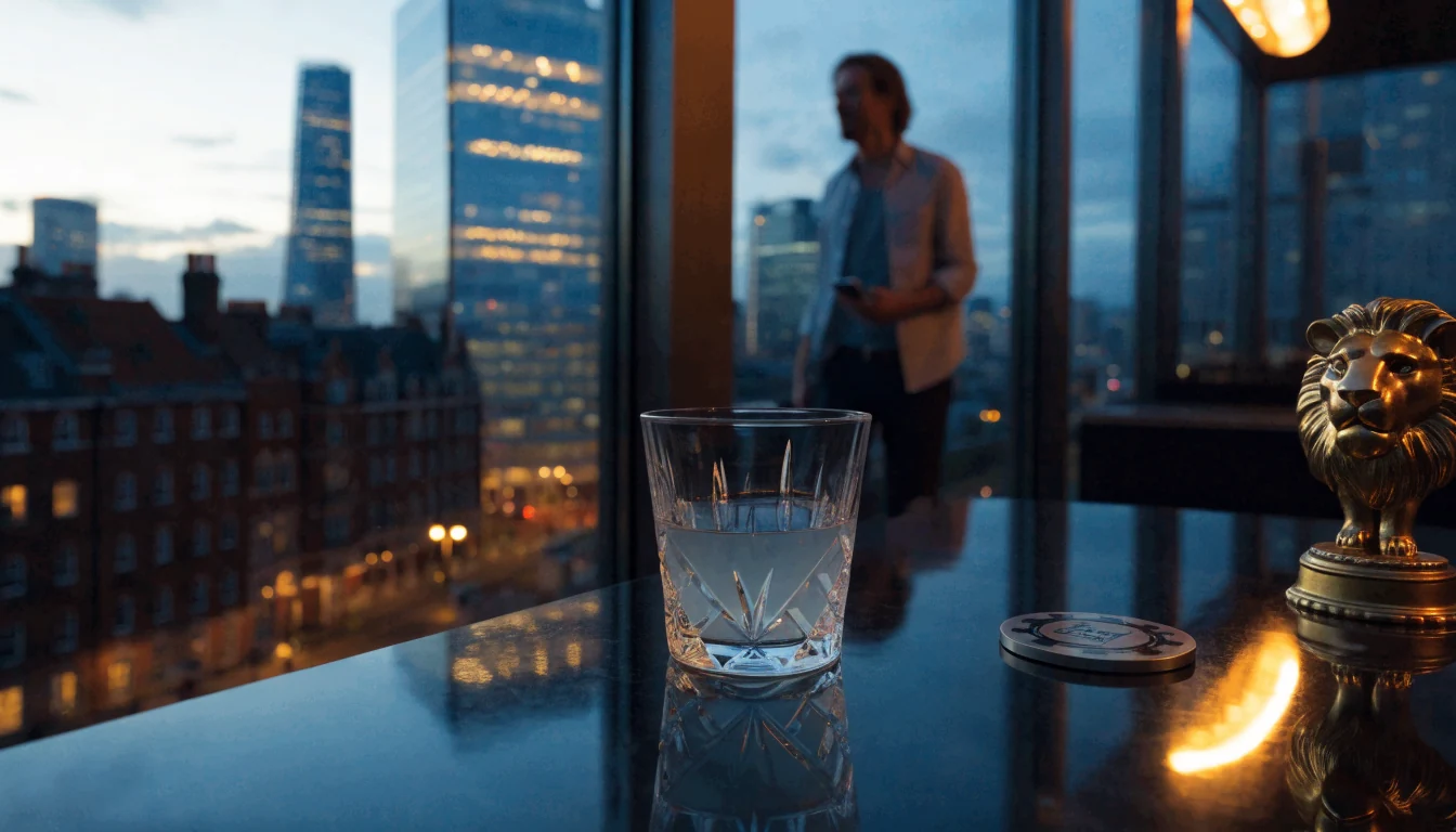 London rooftop lounge with golden lion figurine and city skyline at dusk