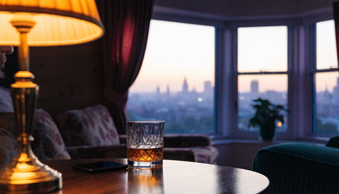 Cozy British living room with phone face-down on coffee table and London skyline at dusk