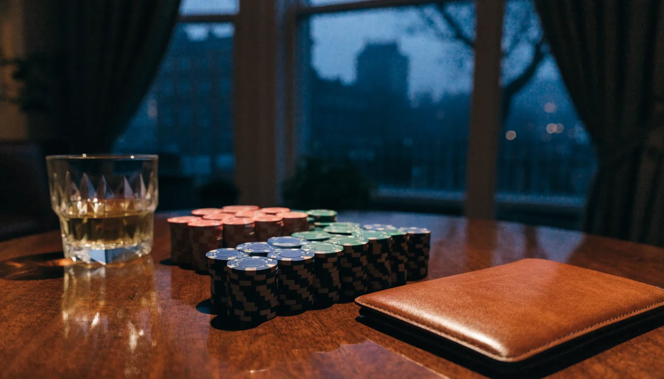 Stacks of casino chips on a polished table in a dim London interior