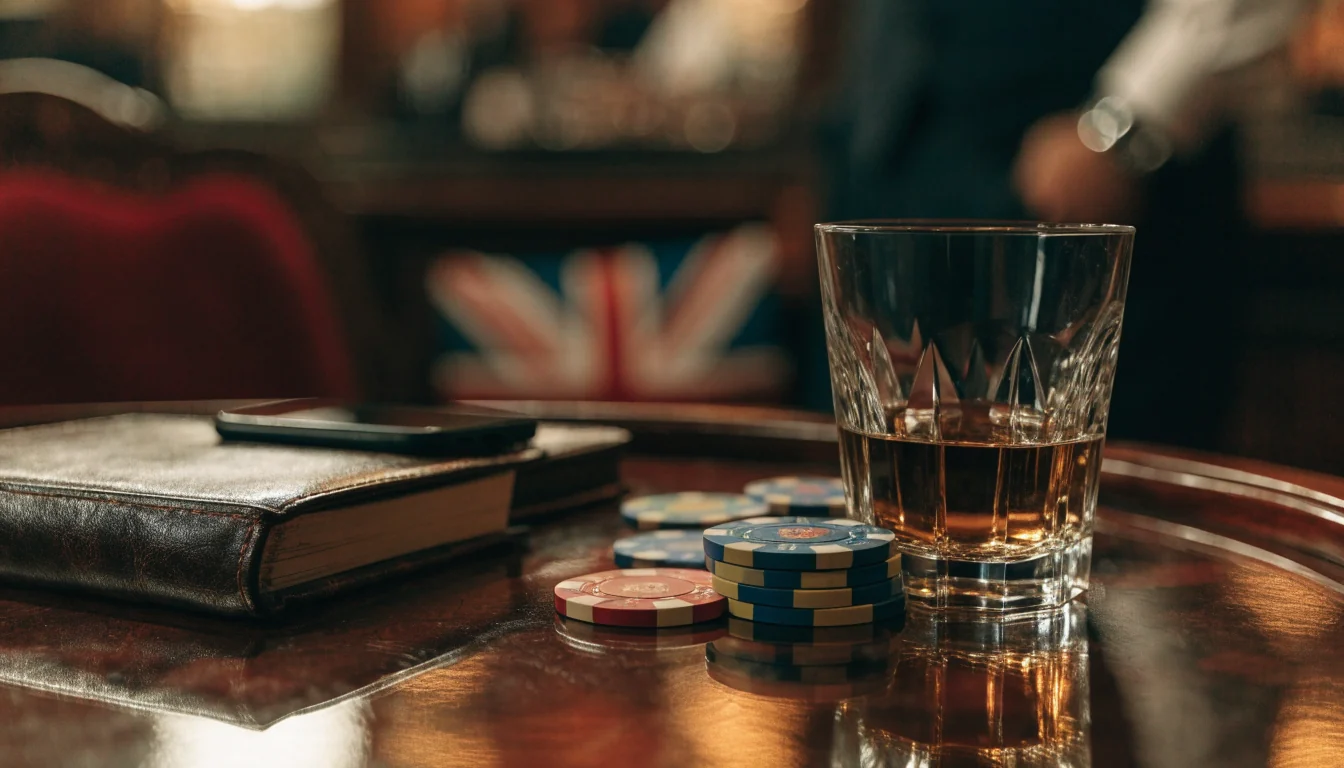 British casino table with chips, whisky, and a face-down phone under warm amber light