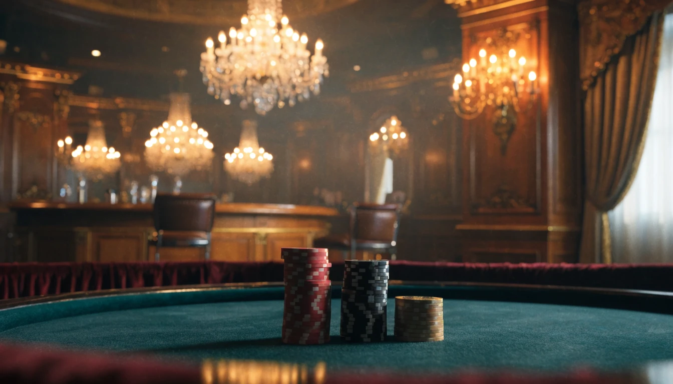 Luxurious British casino interior with roulette table and stacked chips