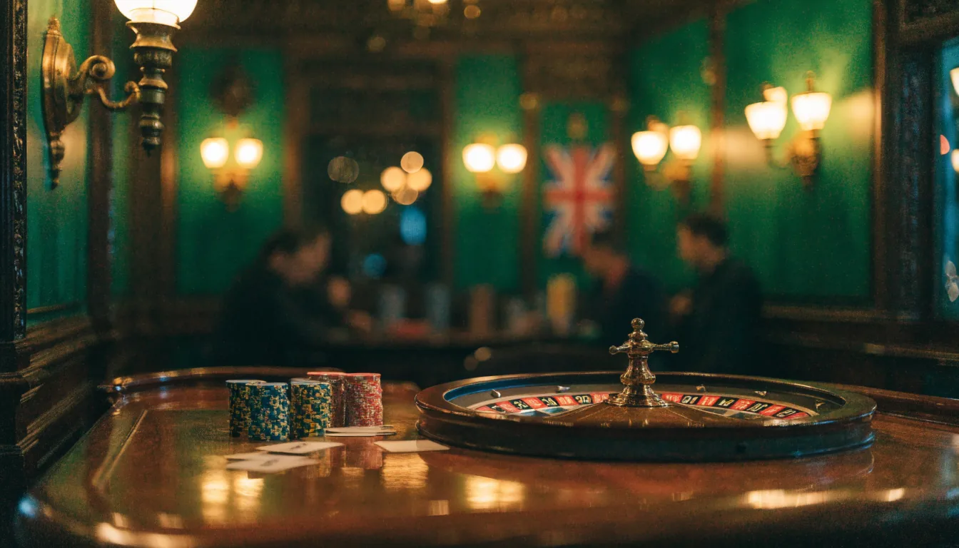 Atmospheric British casino lounge interior with roulette wheel and chips