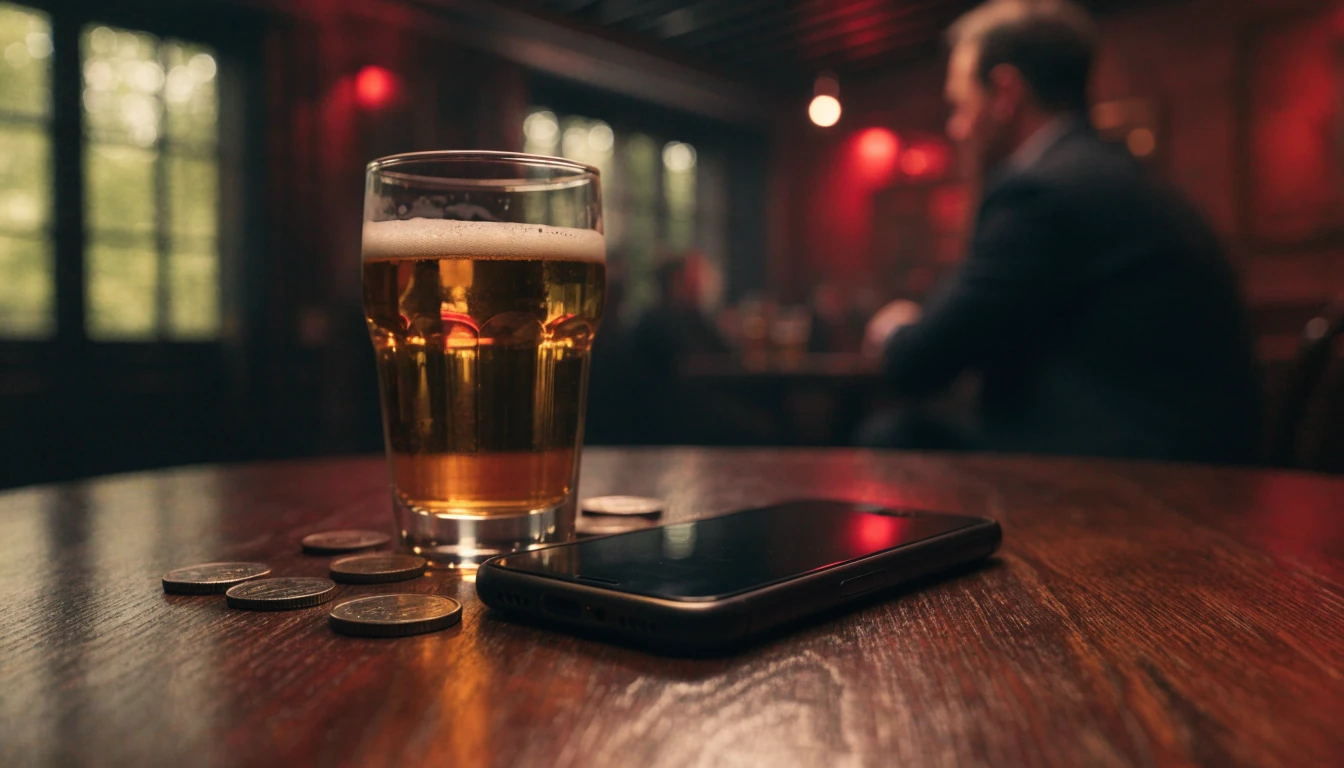 Smartphone face-down on a wooden table with British coins and ale glass