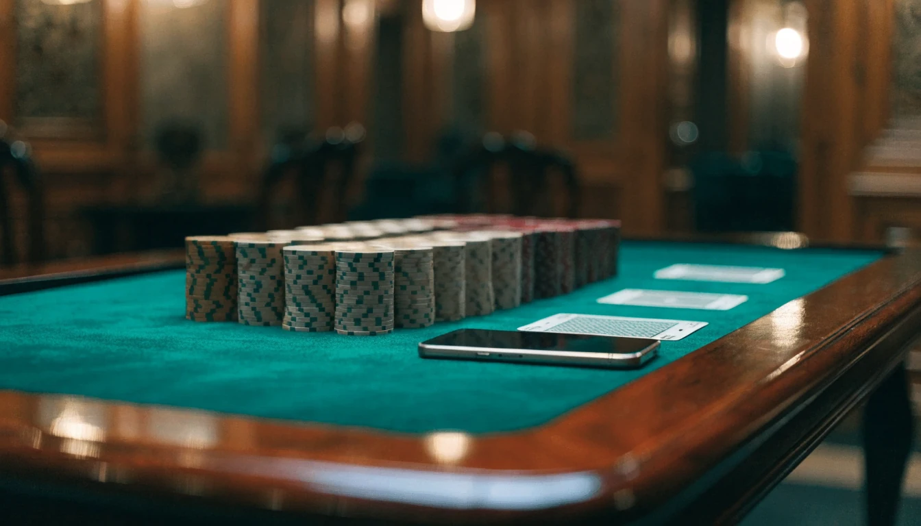 Stacks of casino chips, face-down playing cards and a face-down smartphone on a green baize table in an upscale British gaming lounge.