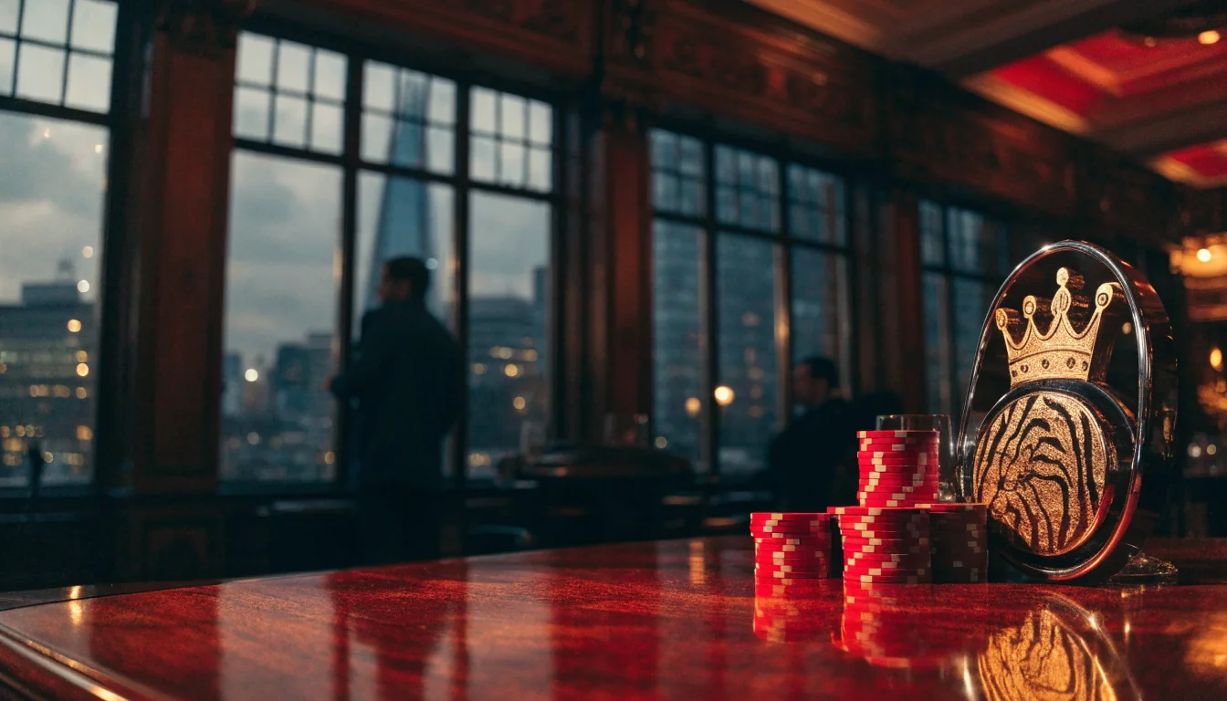 Elegant London casino interior with red chips and tiger-stripe motif on mahogany table