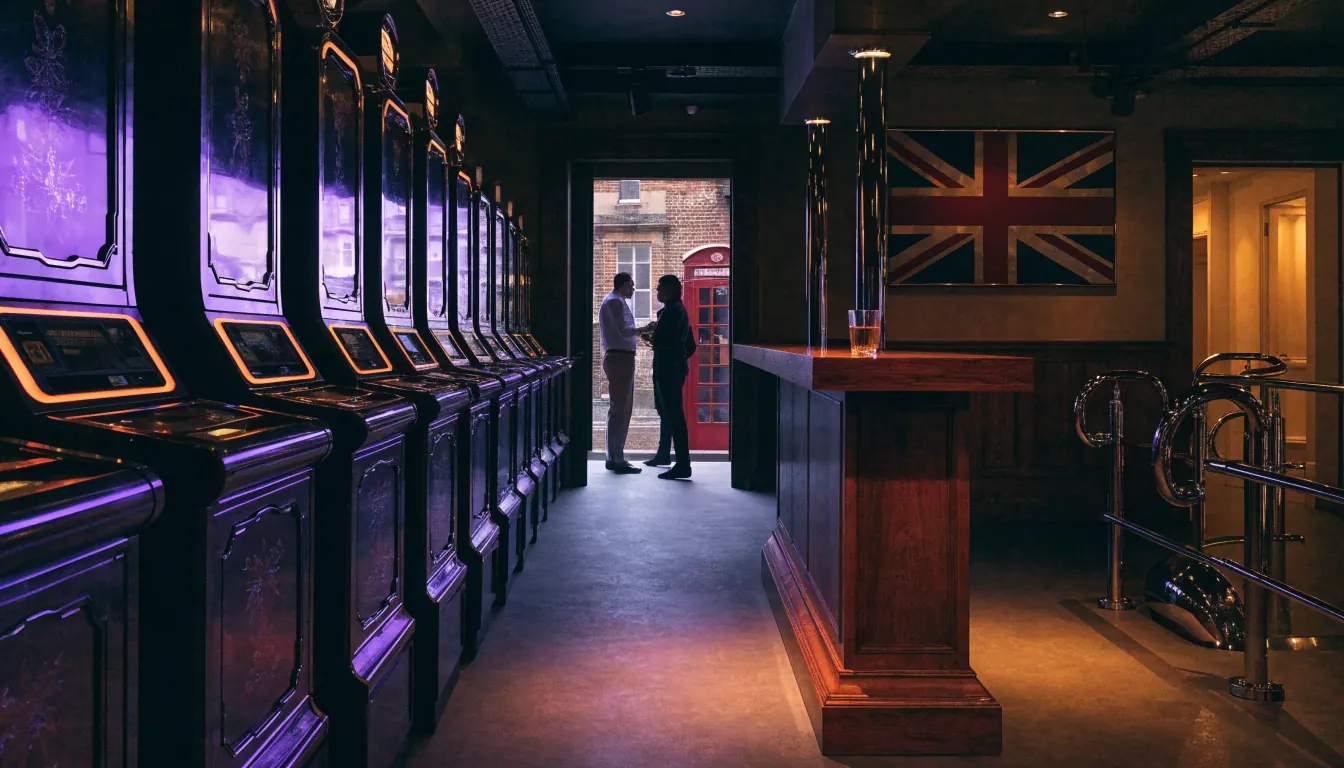 Stylized illustration of a modern UK casino lounge with glowing slot cabinets and British decor.