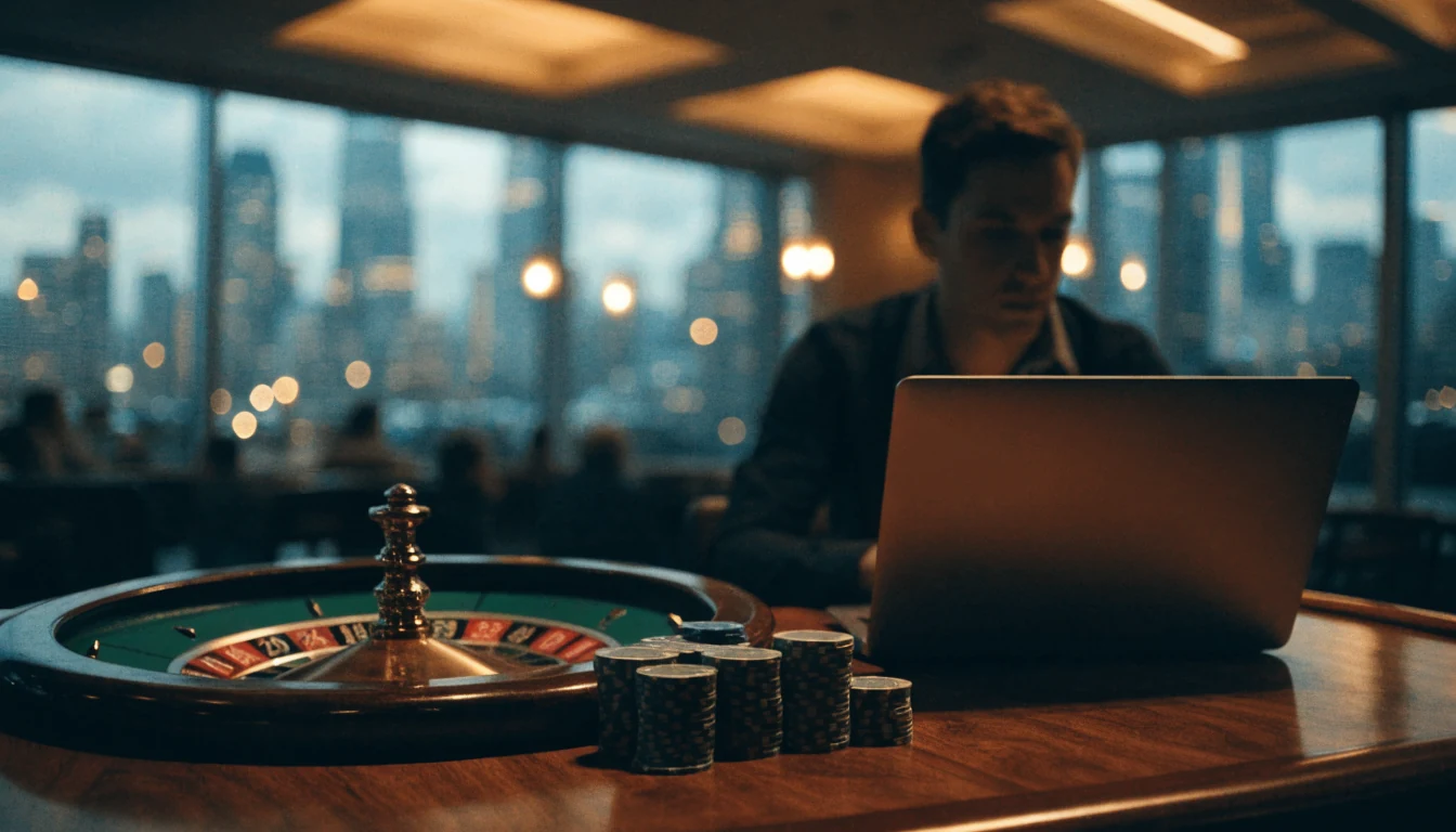 British casino interior with roulette wheel, chips and closed laptop overlooking London skyline