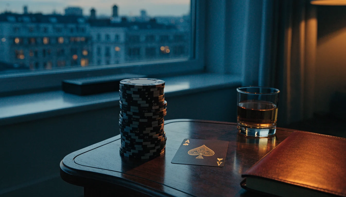 Poker chips and playing card on a dark wood table with London skyline in background