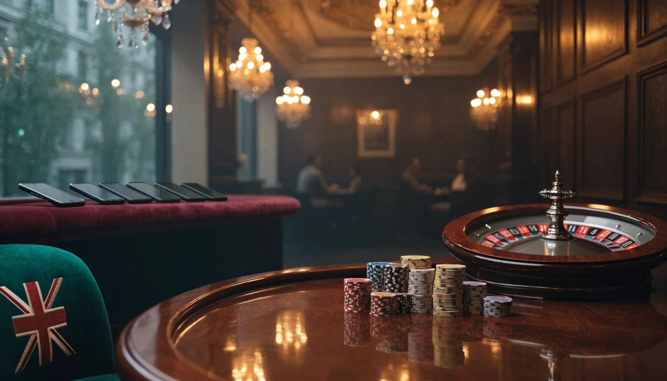 Elegant London casino scene with roulette wheel, chips, and face-down phones