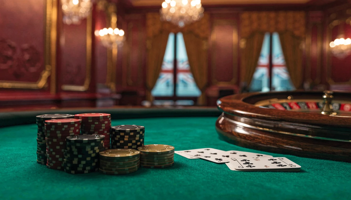 British casino lounge with roulette wheel, stacked chips and cards on a green felt table