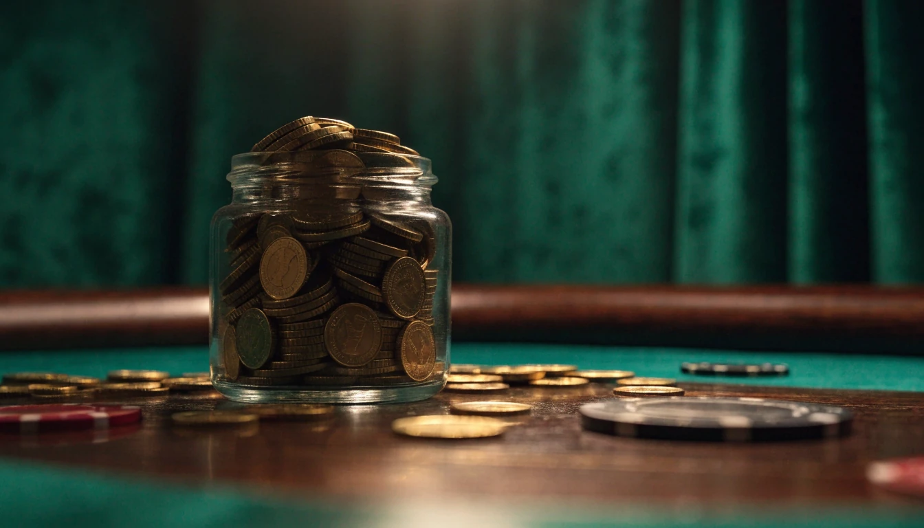 Overflowing glass jar of gold coins on a green casino felt with scattered chips