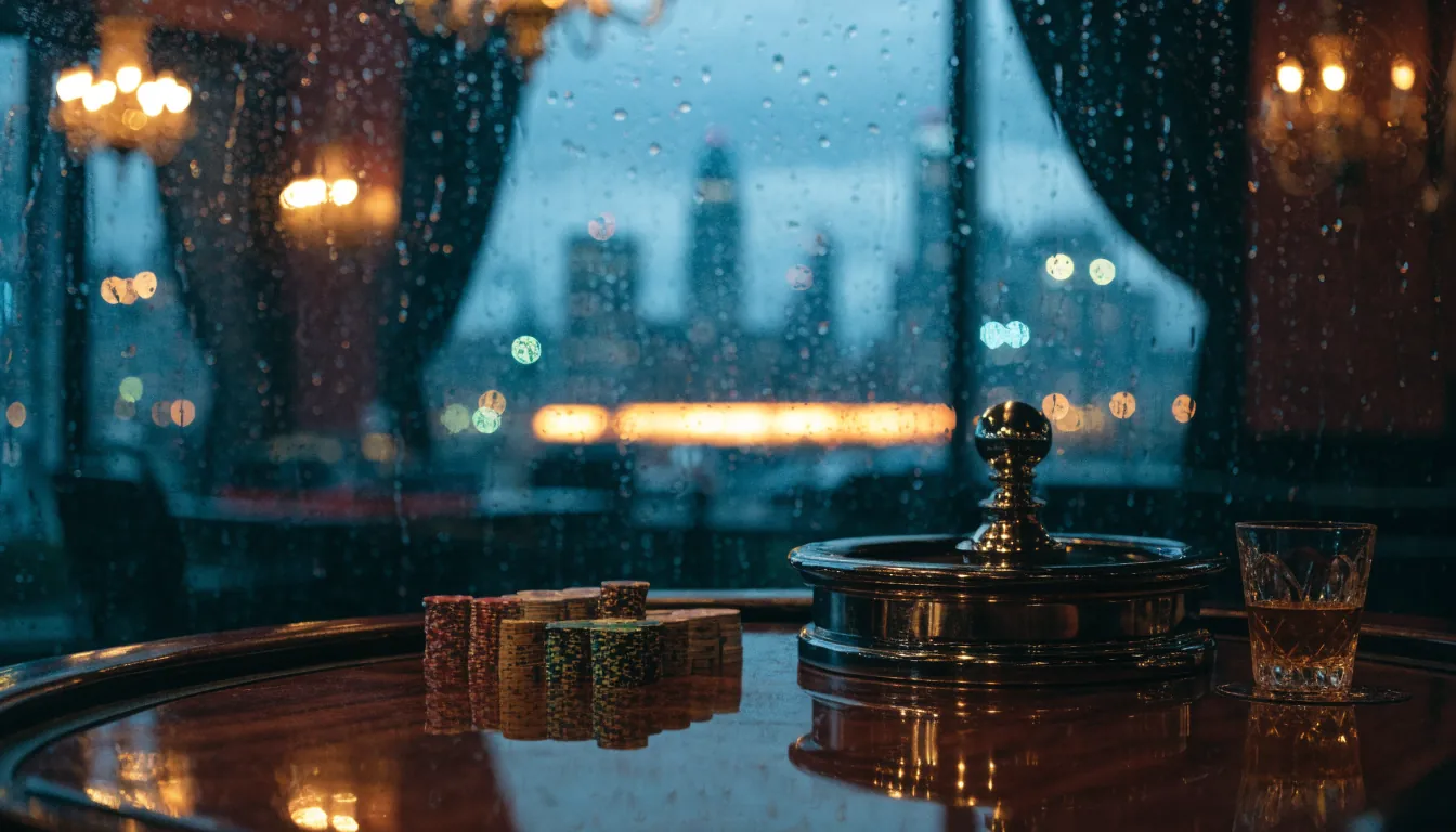 Atmospheric UK casino lounge with stacked chips, roulette wheel, and London skyline through a rain-streaked window