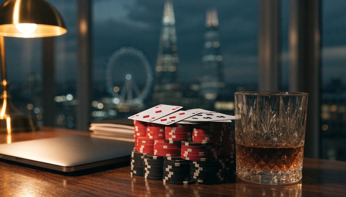 Luxury London apartment desk with casino chips, playing cards, and skyline view at night
