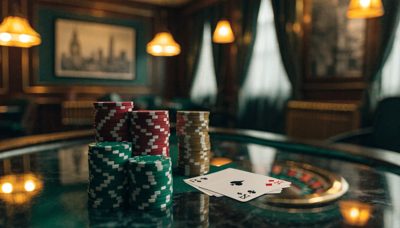 Elegant casino table with poker chips, playing cards and roulette wheel in a British gaming lounge