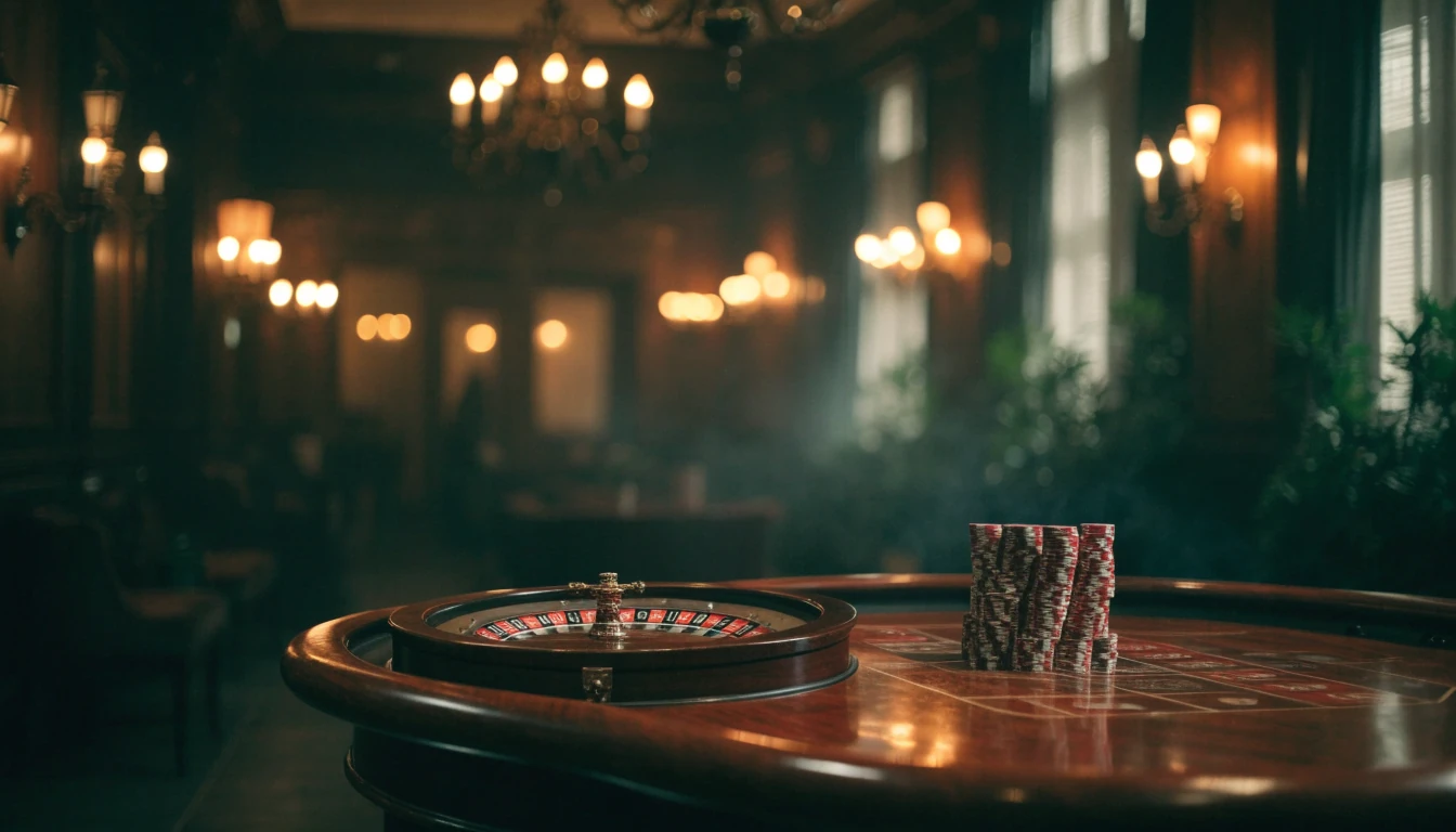 Elegant British casino interior with chips and roulette wheel on a mahogany table