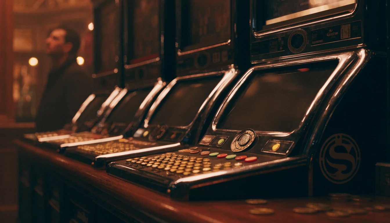 Elegant UK casino interior with row of slot machines in warm ambient lighting