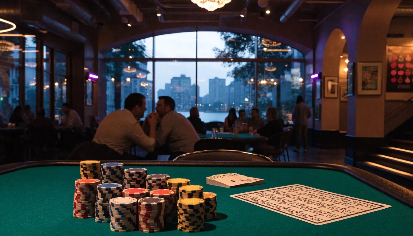 Stylish UK casino lounge with gaming chips, playing cards, and a bingo card on a felt table